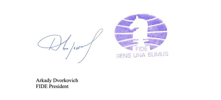 Firma de Dvorkovich y sello de la FIDE