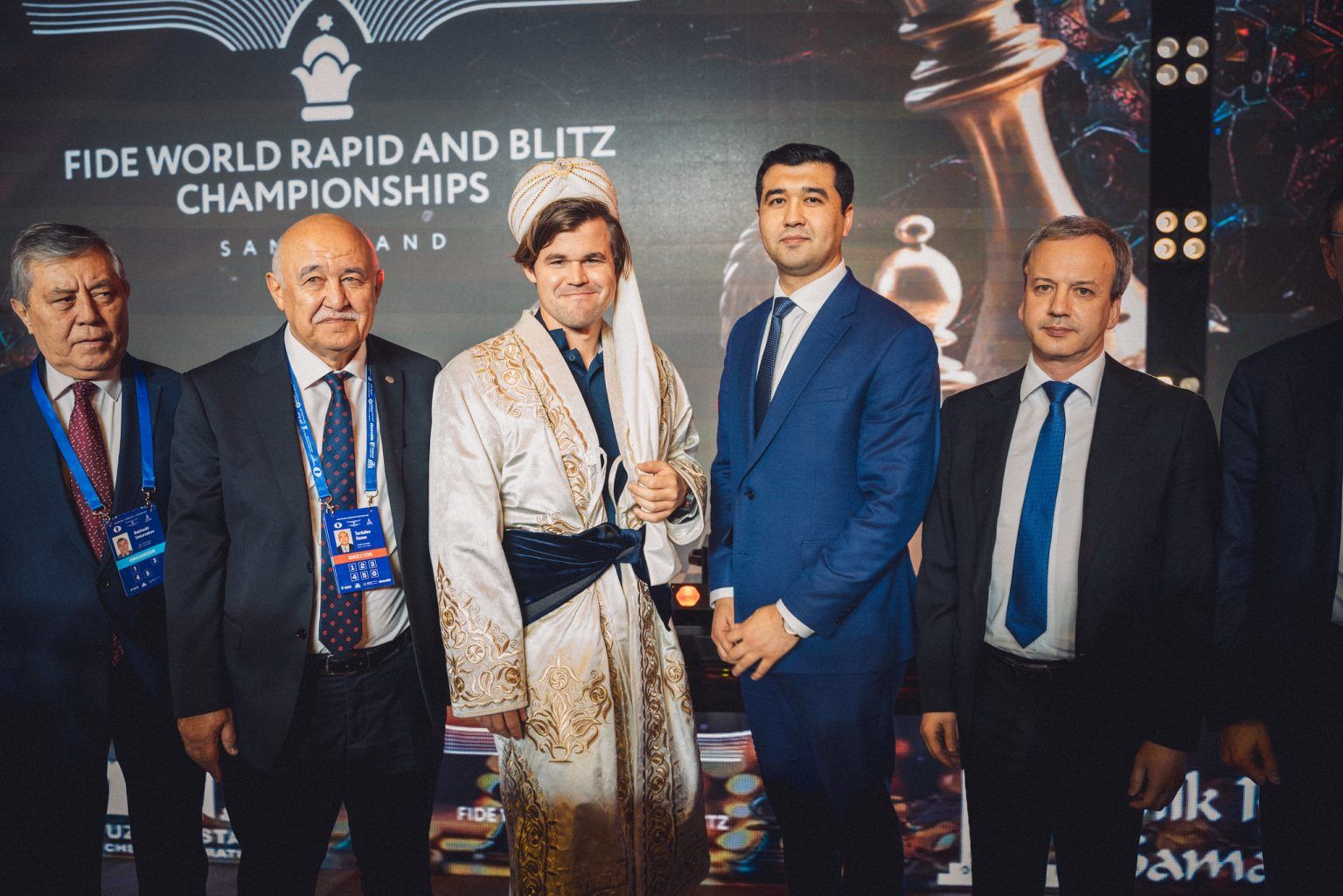 Magnus Carlsen, en la presentación del Mundial de Rápidas en Samarcanda. Foto: Anastasia Korolkova / FIDE