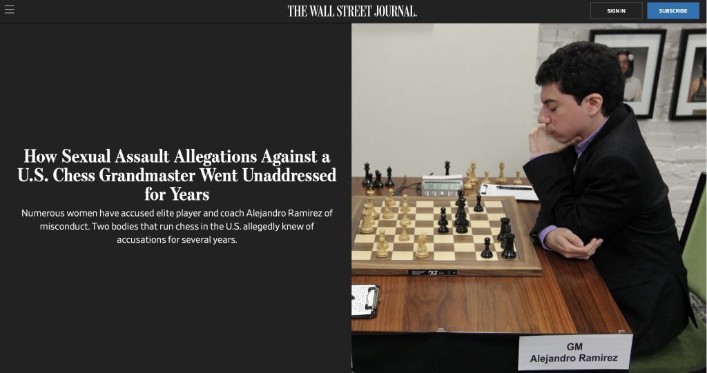 Captura del artículo de 'The Wall Street Journal' sobre las denuncias de Jennifer Shahade y otras mujeres contra Alejandro Ramírez