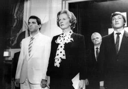 Kasparov, con Margaret Thatcher, Anatoli Karpv y Lothar Smchmid, en 1986
