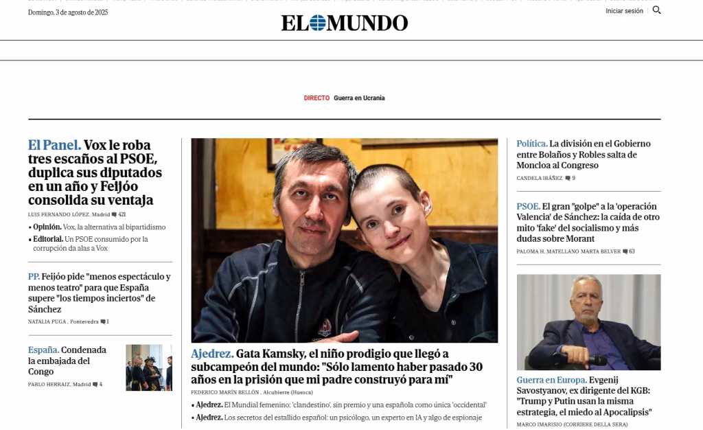 Portada de elmundo.es, con la entrevista a Gata Kamsky como noticia de apertura 