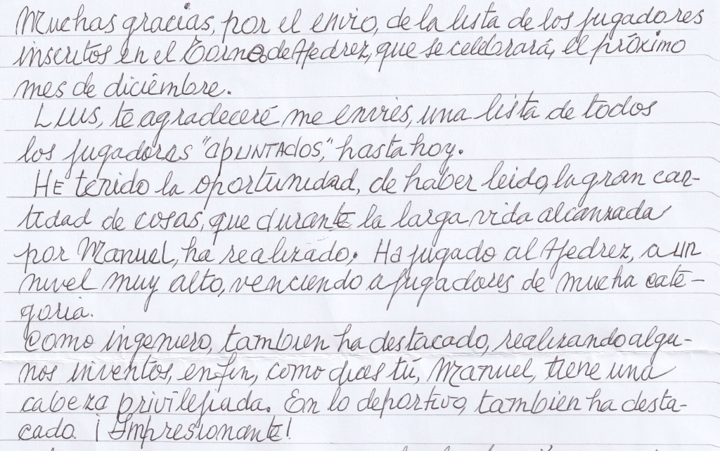 Carta manuscrita enviada por Vicente Moral a Luis Barona, en la que habla de Manuel Álvarez