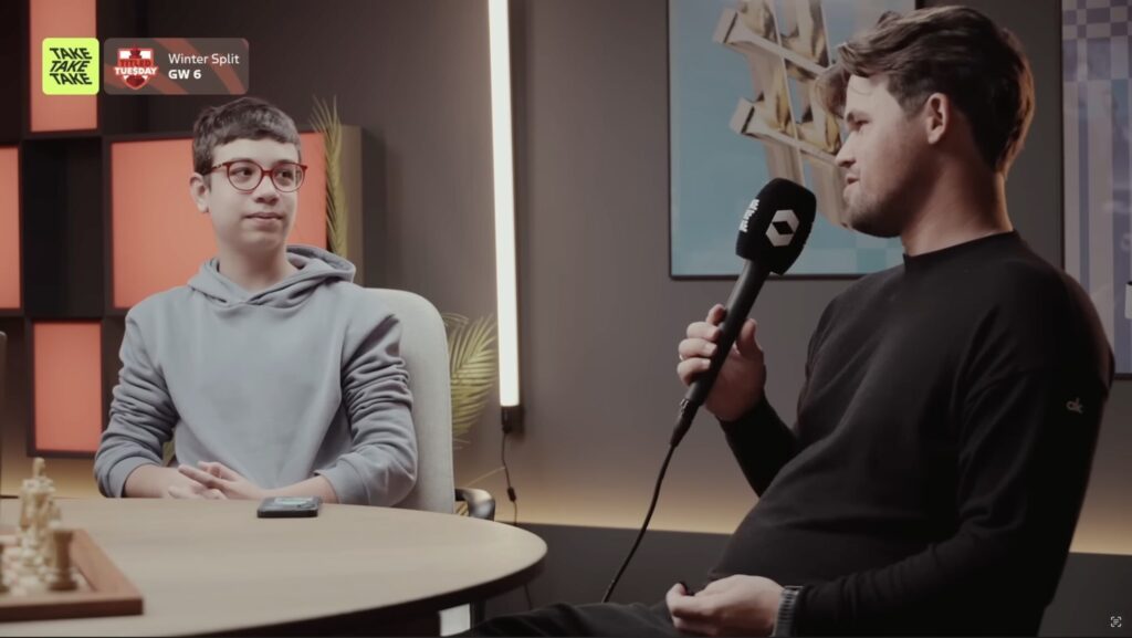 Carlsen a Faustino: «Algún día, Messi será feliz de ser comparado contigo» faustino oro magnus carlsen take oslo Faustino Oro y Magnus Carlsen, en las oficinas de Take Take Take en Oslo