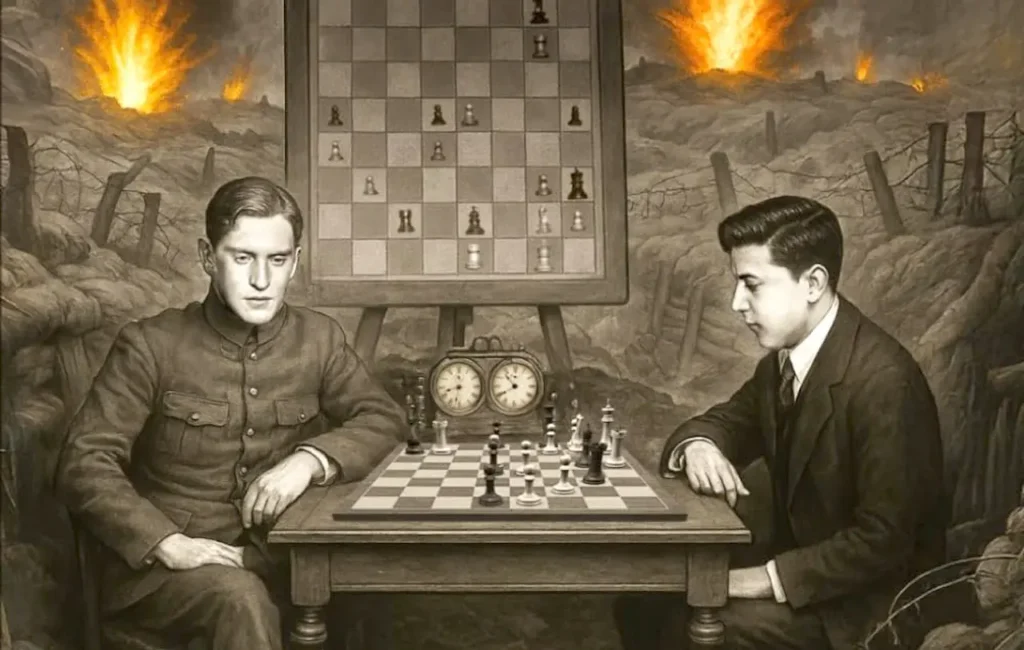 Detalle de la portada del libro dedicado a Capablanca y Alekhine, de Luis Fernández Siles