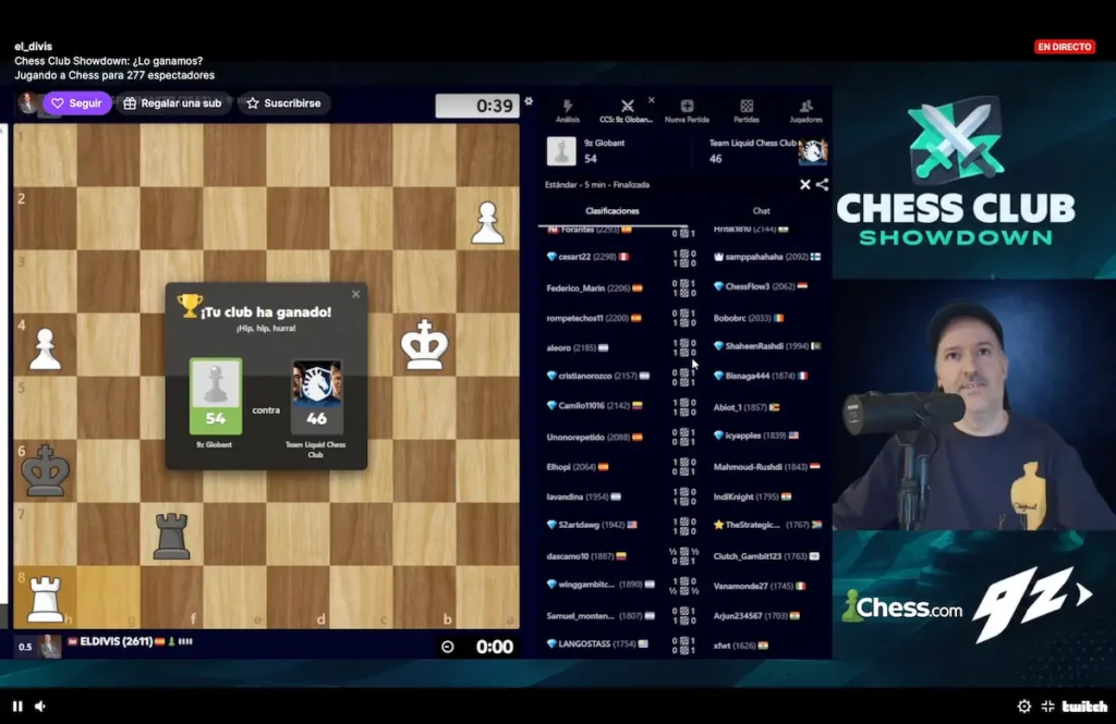 Captura de la retransmisión del Chess Club Showdown, con El Divis al frente 