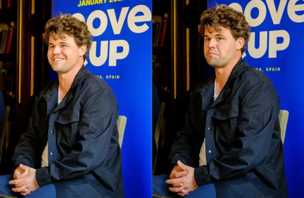 Dos gestos de Magnus Carlsen en la presentación de la Move Cup. Foto: FMB / Damas y Reyes