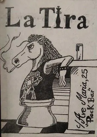 Pegatina de La Tira. Único recuerdo gráfico que me queda del club y del pub, del que no tengo fotografía alguna. Esta foto y mi carnet son testigos reales de una realidad que existió en el Lavapiés de los años 90